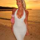 Women's Sexy V Neck Tie Halter Mesh Ruffle Hem Ruched Bodycon Cocktail Party Maxi Dresses (M)