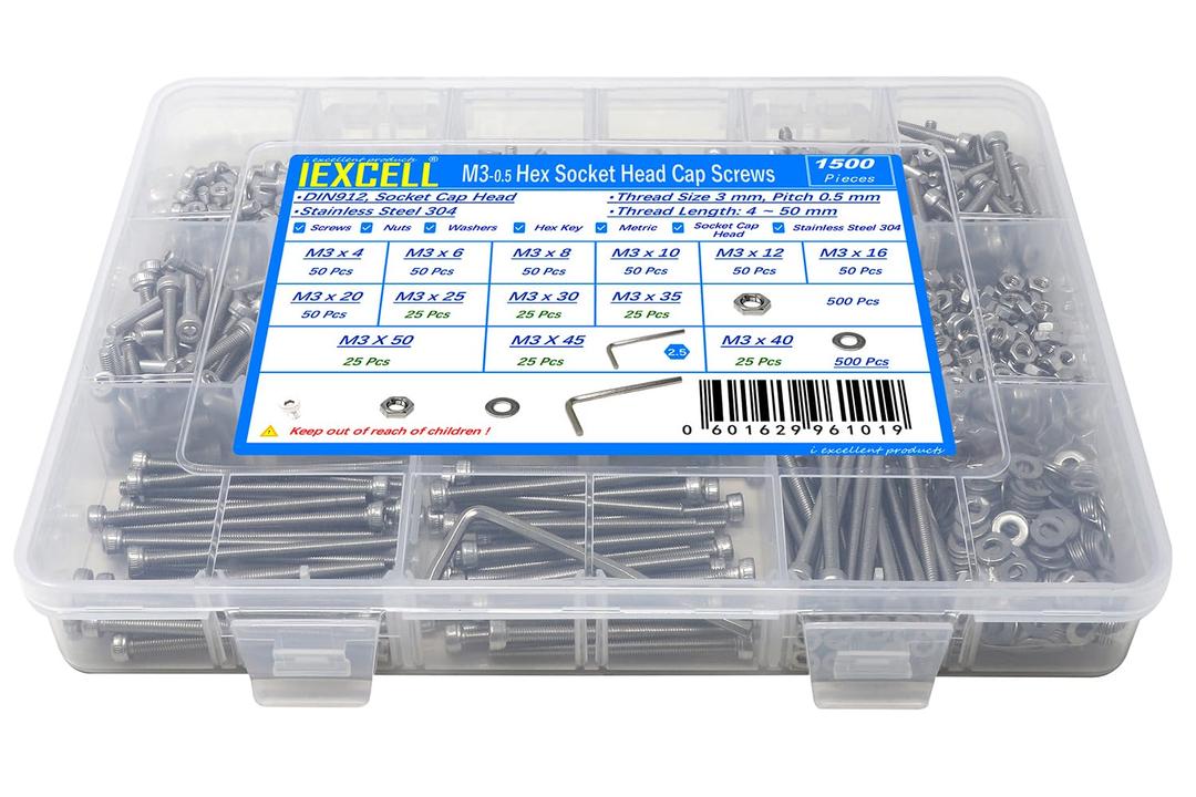iexcell 1500 Pcs M3 x 4/6/8/10/12/16/20/25/30/35/40/45/50 Stainless Steel 304 Hex Socket Head Cap Screws Blots Nuts Washers Assortment Kit