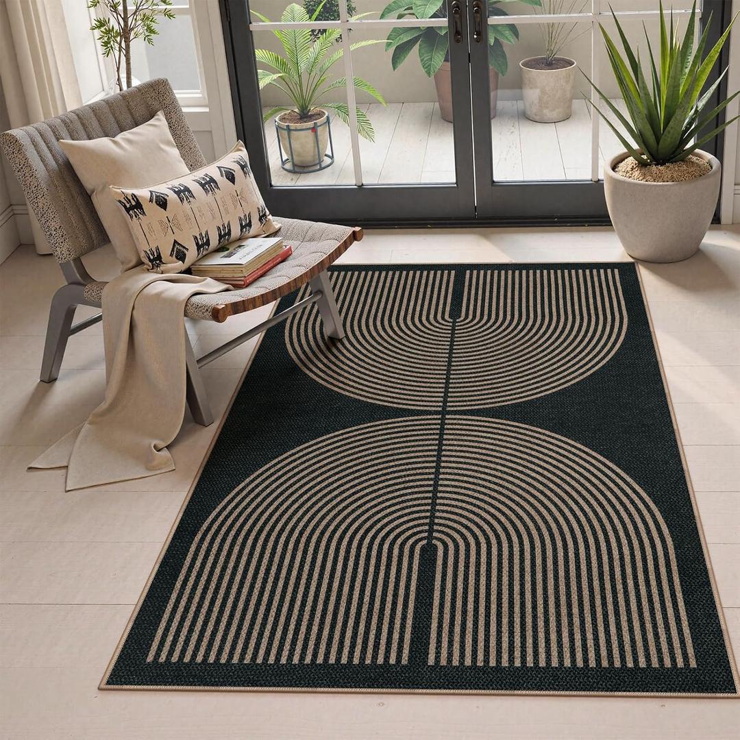 Lahome Modern Rainbow Easy Jute Outdoor Patio Rug, 3x5 Black Washable Rugs for Entryway Office Farmhouse Classroom Carpet, Contemporary Non Slip Front Door Mat for Porch Guestroom Room Decor (Dark Grey/Charcoal Black)