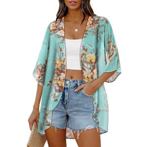 Women's Floral Print Puff Sleeve Kimono Cardigan Loose Cover Up Casual Blouse Tops (4X-Large, Aqua Blue)