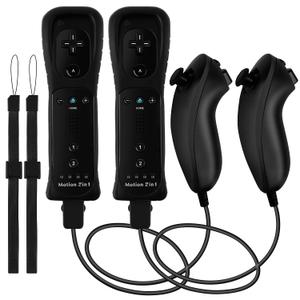 DTianSir 2Pack Motion Plus Wii Remote Controllers with Nunchucks,Wii Remote Controllers with Built in Motion Plus Compatible for Wii U Consoles(Black)