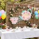 Novabright 2 Pcs Large Tea Party Cardboard Large Tea Party Decorations Teapot and Teacup Cutout Stand Decor Pink Floral Wonderland Garden Yard Sign for Baby Shower Wedding Birthday Favors