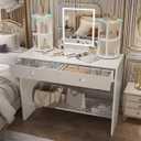 Oiroporz White Vanity Desk with LED Mirror & 360° Rotating Shelves - 3-Color Adjustable Lights, 2 Storage Drawers, Makeup Dressing Table for Bedroom, Women