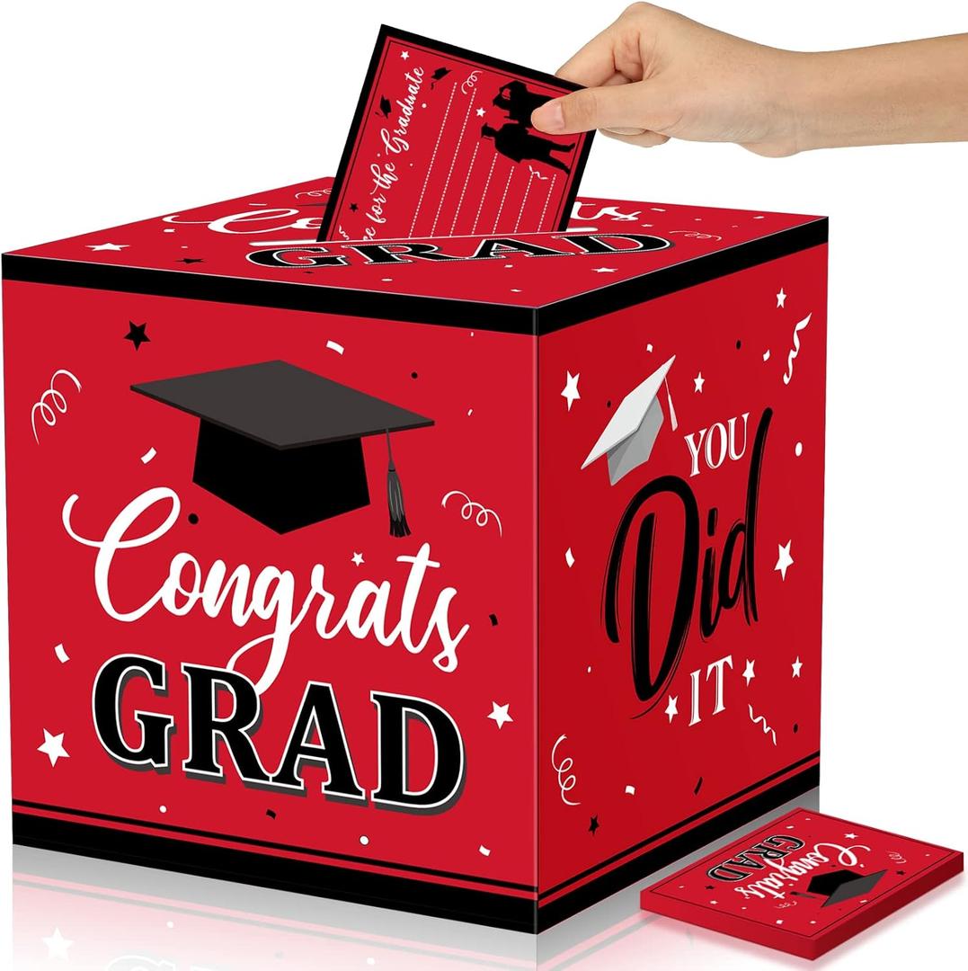 Nezyo Graduation Card Box with 30 Pcs Advice Cards Congrats Grad Gift Card Box Class of 2025 Card Holder Box Graduation Party Card Box Holder for School College Graduation Party(Red,Grad)