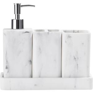Bathroom Accessories Set, 4 Pcs Bathroom Accessory Set, Soap Dispenser, Toothbrush Holder, Qtip Holder Set, Bathroom Sets Complete, Bathroom Sink Set for Modern Home Decor, White