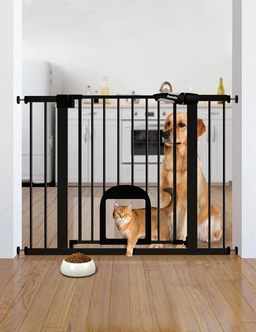 Babelio Upgraded Baby Gate with Cat Door, 29-43" Auto Close Durable Dog Gate for Stairs, Doorways and House, Easy Walk Thru Safety Gate with Pet Door Includes 4 Wall Cups, Black (29-43" Wide, 30" Tall)