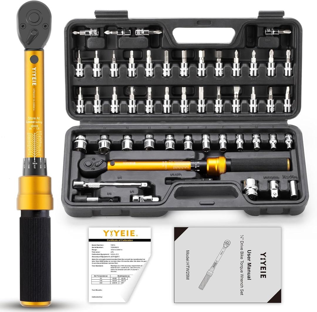 YIYEIE 50Pcs Master Bike Torque Wrench Set, 1/4 Inch Drive, 10-230 IN.LB (1-26.0 Nm), Inch Pound Click Torque Wrench with Bit Sockets, 0.1 Nm Micro, 3/8 Adapter, Pro Bicycle Tool Kit for MTB
