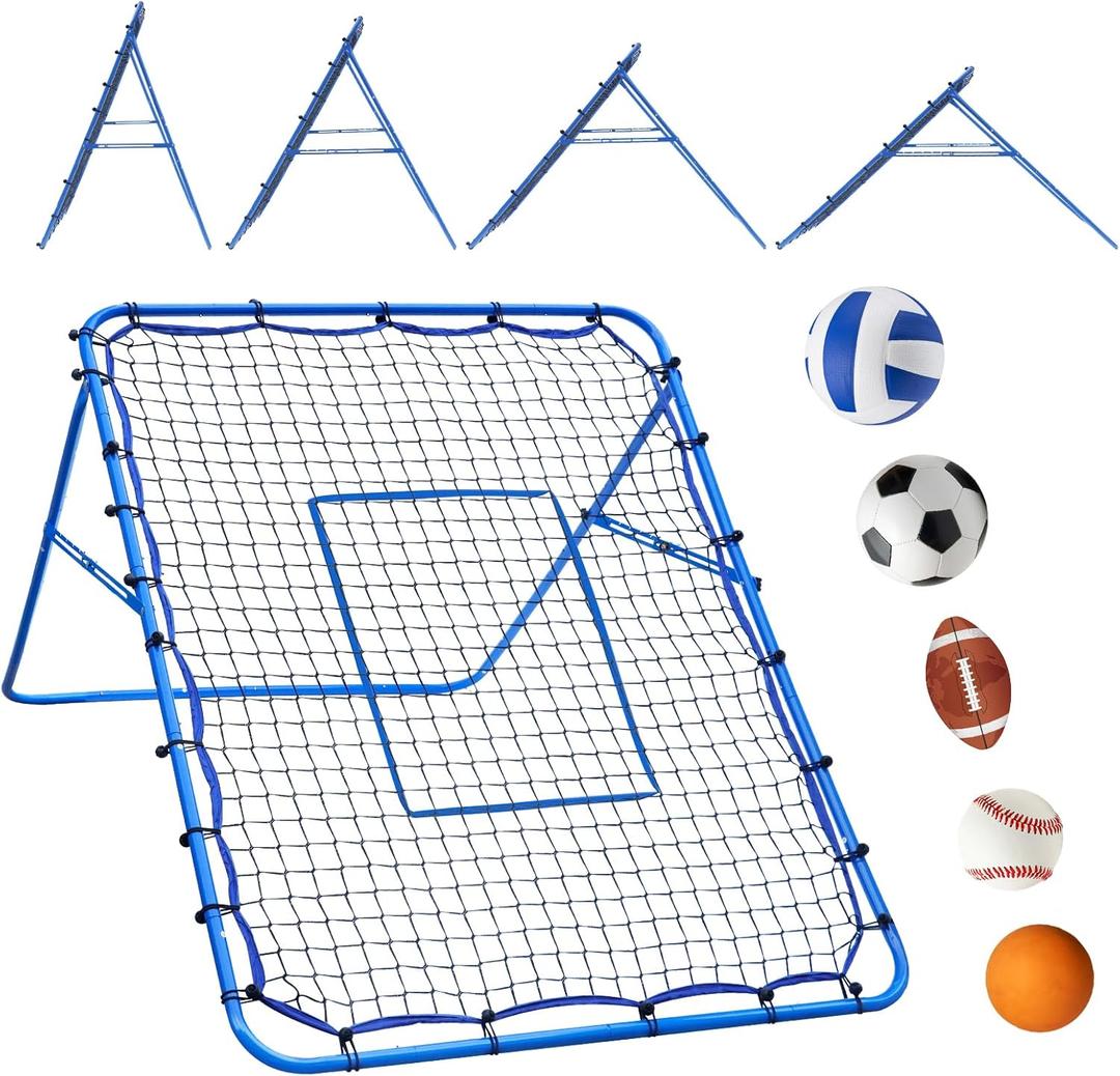 5x4FT Volleyball Baseball Rebounder Net, Softball Rebounder Pitchback Net with 2 x 6-Angle Quick Adjustments, Target Ribbon for Precision, Easy Quick Setup,Ideal for Soccer Lacrosse and Sport Training