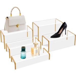 RattanView 5 Pack Clear Acrylic Purses Display Stands, 11" L 5mm Thick Luxury Purse, Handbag, Jewelry & Perfume Risers, Gold Luxury Shoe Display Riser for Closet, Boutique, Vendor Events (5 Tier)