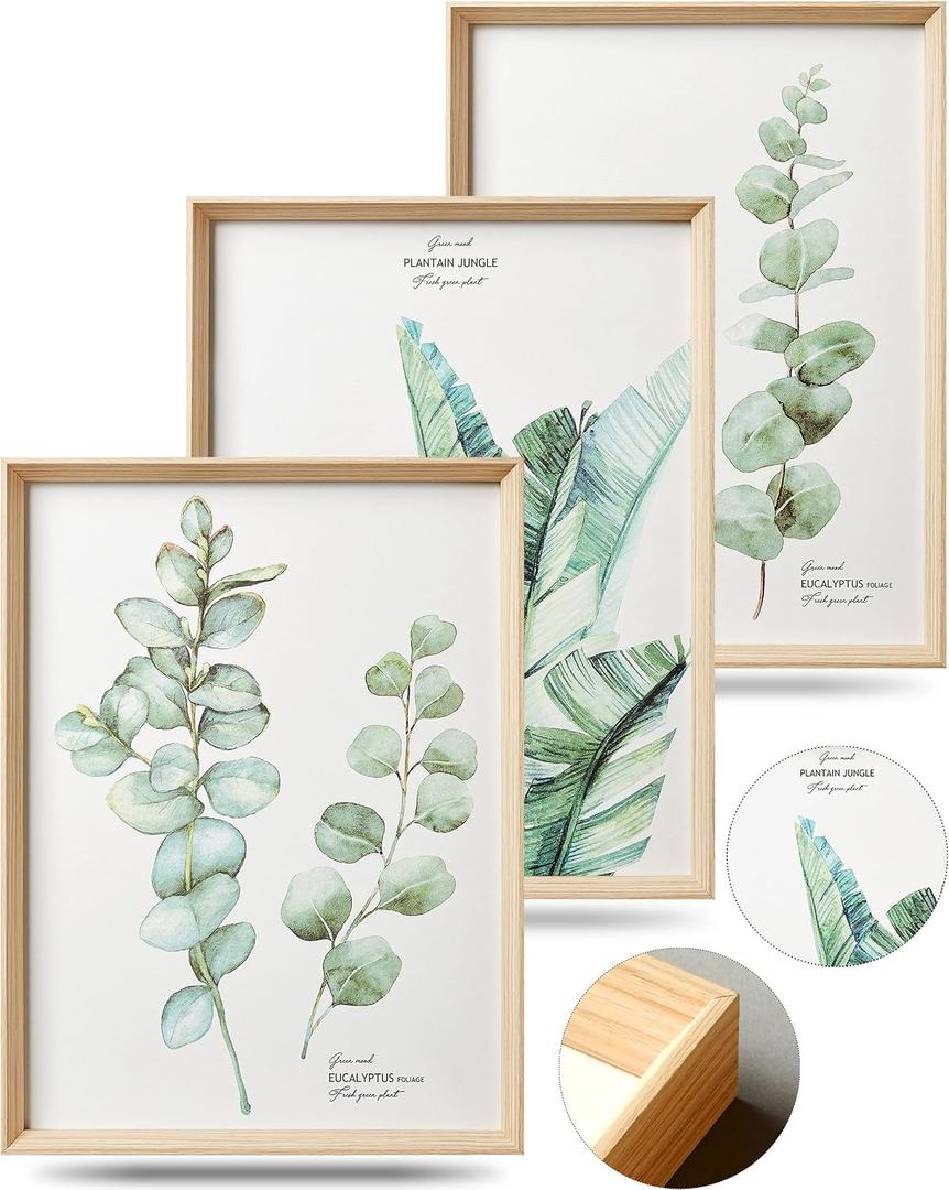 Framed Wall Art,Minimalist Botanical Canvas Wall Art for Living Room,12x16in Plant Wood High-Framed Design Flower Green Eucalyptus Leaf Artworks Prints Poster for Bathroom,Bedroom Set of 3