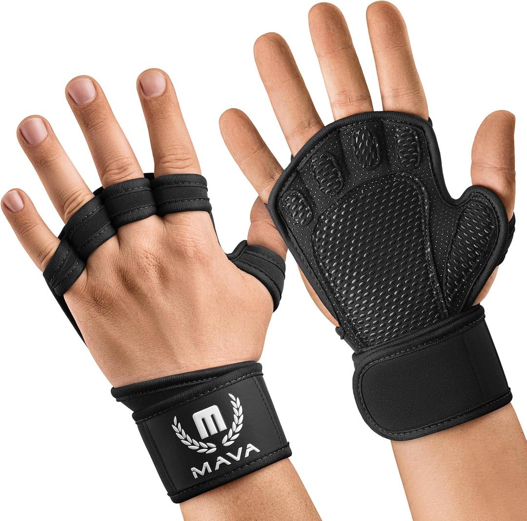 MAVA Open Gym Gloves for Men & Women; Padded Weight Lifting Gloves with Wrist Support for Comfort, Protection; Strong-Grip Fingerless Workout Gloves for Men & Women; Anti-Sweat Gym Accessories (Large, Black)
