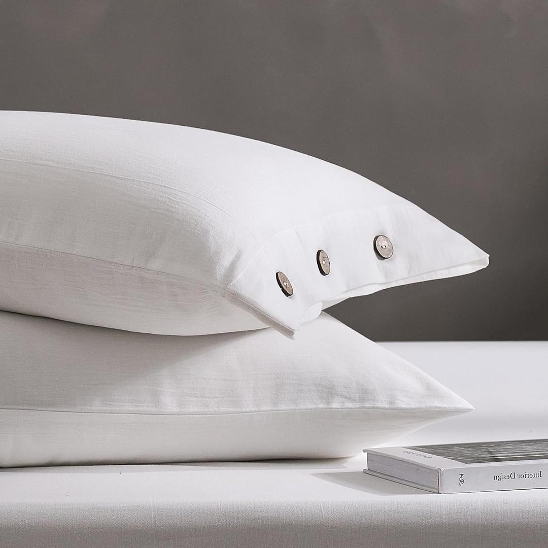 JELLYMONI Pillowcases King Set of 2 Cotton Button Pillow Covers 20×36in White Bed Pillow Cases 100% Washed Cotton Soft Breathable (Pillows are not Included)