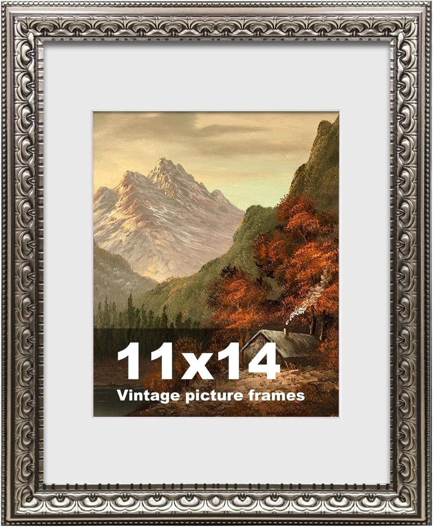11x14 Vintage Picture Frames,Antique Picture Frame with White Mat for 8x10 Picture, Ornate Picture Frame for Wall Decor,1 Pack Silver Frame,Silver