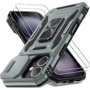 DEERLAMN Case for iPhone 16 with Slide Camera Cover+Screen Protector (2 Packs), Rotated Ring Kickstand Military Grade Shockproof Protective Cover-Grey