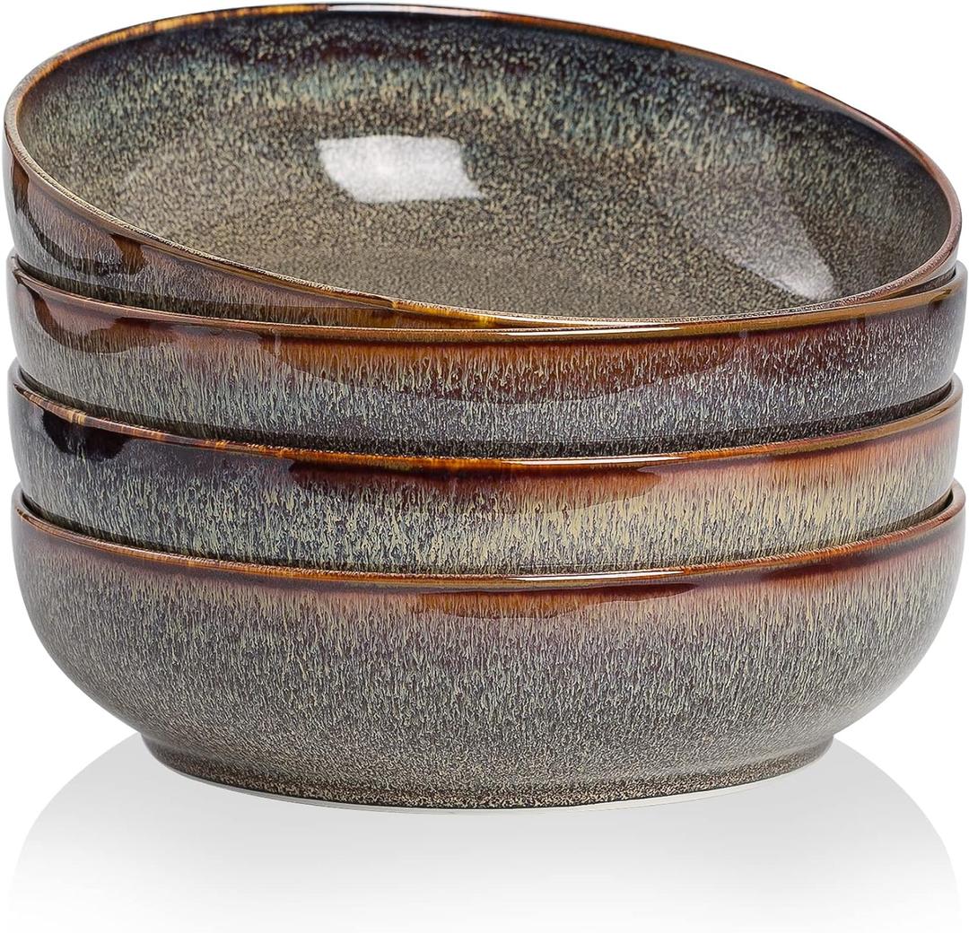 30oz Ceramic bowls set of 4-8" serving bowls for Kitchen,Pasta,Salad-Dishwasher & Microwave Safe Perfect for Housewarming, Thanksgiving, Christmas-Caramel Brown