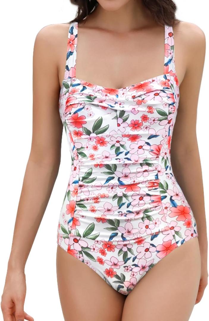 SHEKINI Women's Ruched Tummy Control Swimsuits Vintage Push Up One Piece Bathing Suit Padded Swimwear (Large, Pink Flower)