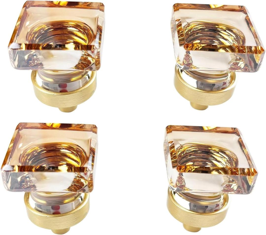 Crystal Cabinet Knobs Gold Drawer Knob Handles Decorative Glass Cupboard Pulls Champagne Color Home Kitchen Decor Square Shape 4 Pack