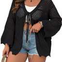 Women's Plus Size Lightweight Cardigans Tie Front Summer Crochet Long Sleeves Hollow Out Thin Cardigan (Black, XXXL)