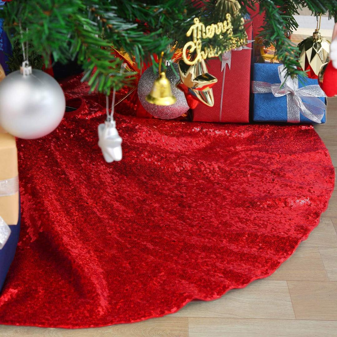 B-COOL Tree Skirts 48inches Red Christmas Sequin Tree Skirt Embroidered Tree Carpets Glitter Tree Mats Chrismas Tree Cover Round Red