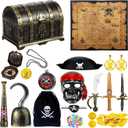 116 Pieces Pirate Treasure Toys, Pirate Treasure Box with Coins Jewels Gems and Pirate Map Compass Telescope for Boy Girl Halloween Cosplay Props Pirate Theme Party Decoration Favor (Cute Style)