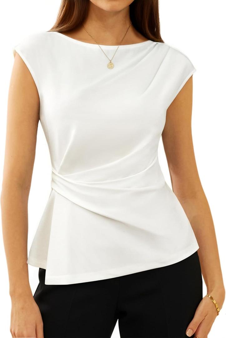 GRACE KARIN Womens 2026 Spring Short Sleeve Tops, Dressy Casual Peplum Shirts Outfit, Tunic Blouses Trendy Fashion Clothes (Large, White)