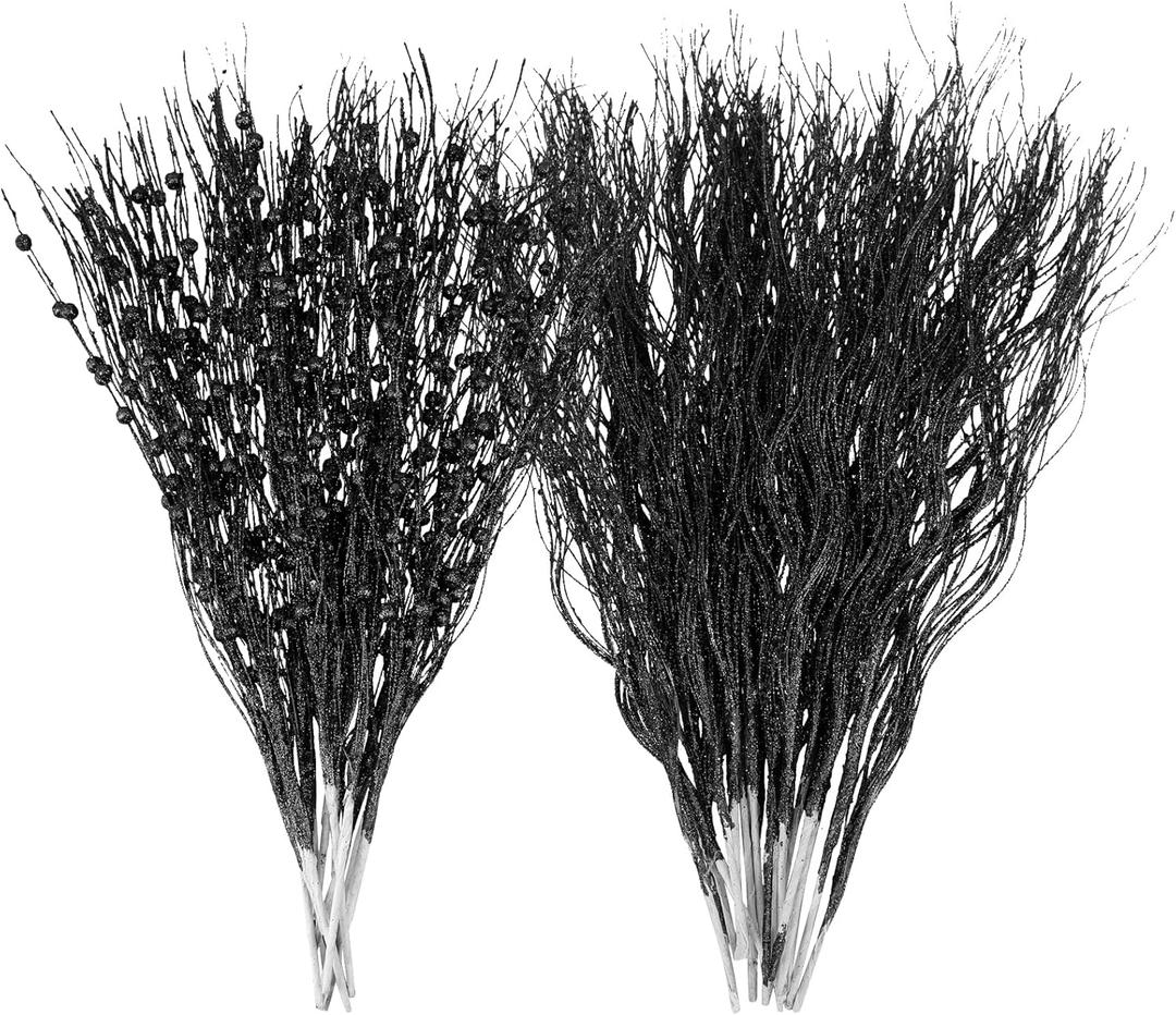 SUPREME XMAS 30 Pack Black Christmas Tree Ornaments Set, Artificial Glitter Berry Stem Branches Picks for Halloween Xmas Tree Sticks Decorations Vases Wreath Home Holiday Wedding Party Decor Gift