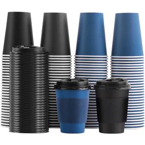 SIUQ 100 Pack 12 oz Coffee Cups with Lids, Disposable Paper Coffee Cups with Sleeves for Hot/Cold Drinks Parties, Picnic, Travel, and Events (Navy and Black)