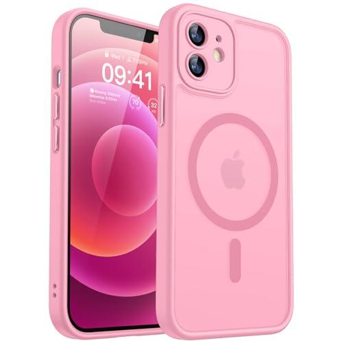 CANSHN Magnetic Compatible with iPhone 12 Case, Upgraded [Full Camera Protection] [Compatible with Magsafe] [Translucent Matte] Shockproof Protective Phone Case Cover 6.1 Inch - Pink