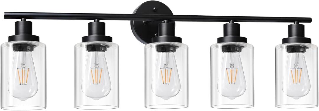 Unicozin Modern Bathroom Light Fixtures, 5 Light Vanity Lights, Black Wall Lamp with Clear Glass for Bathroom, Mirror, Living Room, Bedroom, Hallway, E26 Base