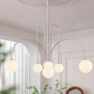 Brushed Nickel Sputnik Chandelier,Modern 6 Lights Chandelier Large L40Mid Century Long Ceiling Pendant Light Fixtures for Dining Room with Milk Glass Globe Shades for High Ceiling Foyer Living Room