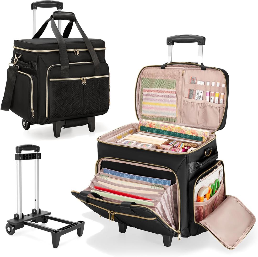 Rolling Scrapbook Bag, Scrapbook Storage Tote Bag with Wheels, Craft Cart Organizer with Detachable Trolley, Art Supplies Organizer Bag for Artist Crafter Teacher, Black(Patent Design) (Black)