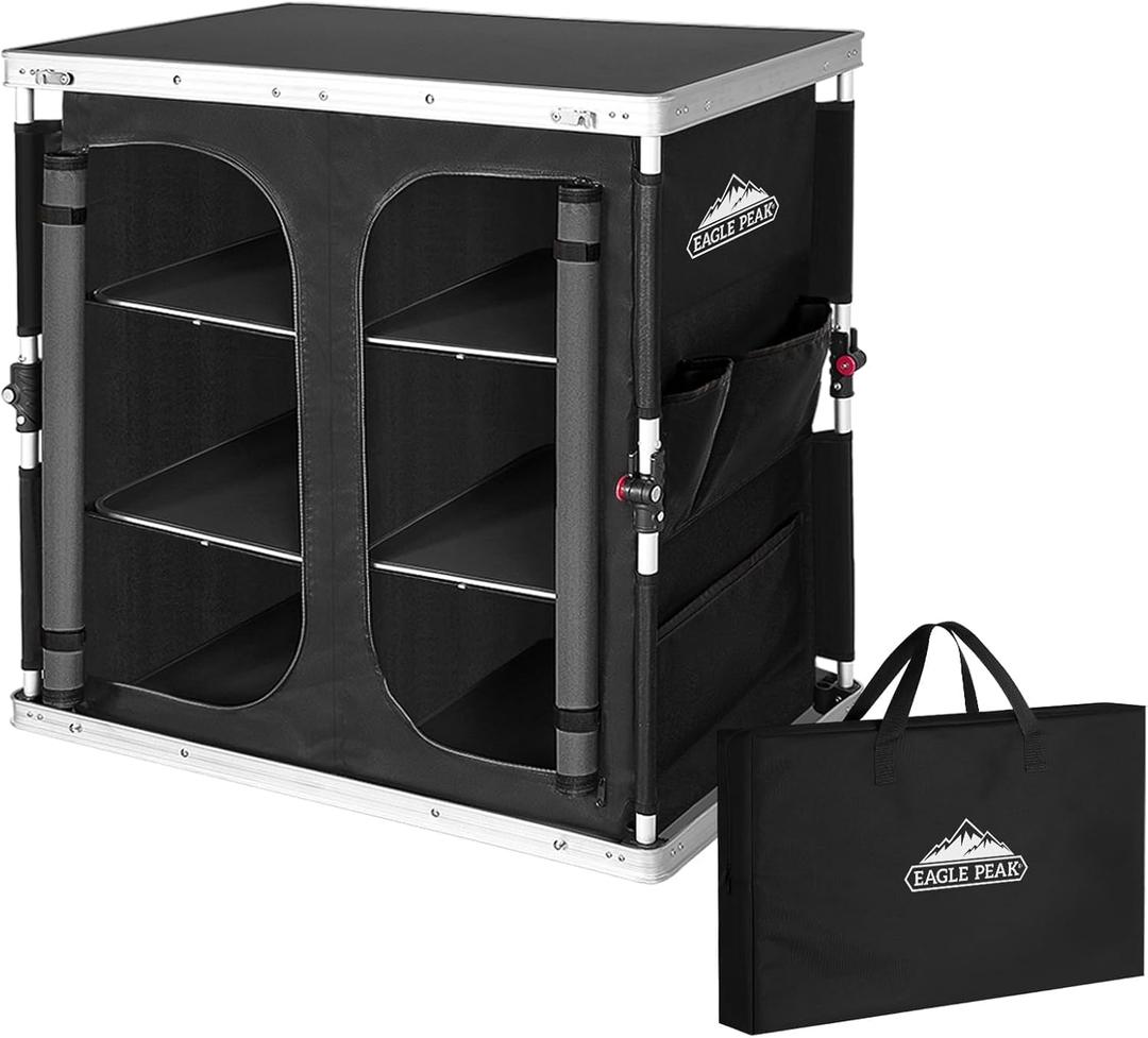 EAGLE PEAK Double Outdoor Folding Camping Table with Large 3-Tier Storage Organizer and Side Pockets, Easy Set Up Portable Aluminum Camping Kitchen, Black (19.7 x 33.1 x 31.5 IN)