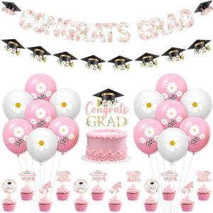 Jollyboom Floral Graduation Party Decorations Girl, Congrats Grad Floral 2026 Decorations Balloons Banner Garland Cake Cupcake Toppers for We Are So Proud of You Class of 2026 Pink Cap Congratulations
