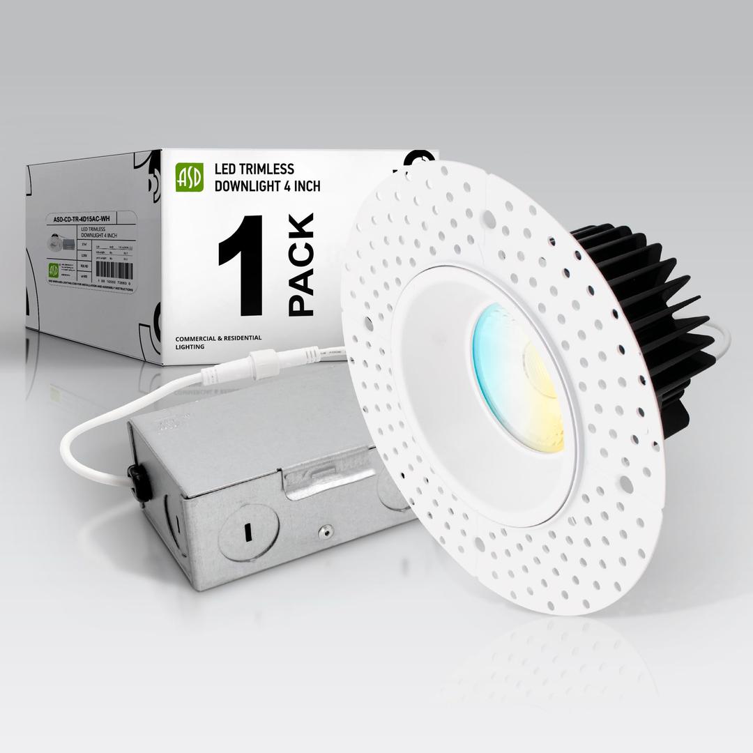 ASD 4 Inch Trimless LED Recessed Ceiling Light Fixture, Mud-in Canless Downlight with Junction Box, 5CCT Selectable 2700K-5000K, 15W 1055 Lumens, CRI90+, Anti-Glare, Dimmable, IC & Wet Rated, ETL
