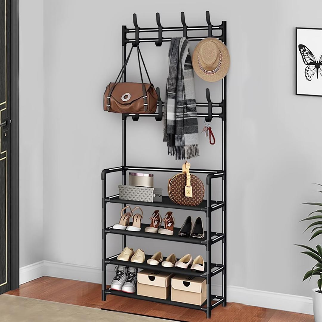 4-Tier Shoe Rack & 8-Hook Coat Stand Black Metal Organizer for Bedroom, Entryway, or Living Room Space-Saving Floor Rack, Easy Assembly