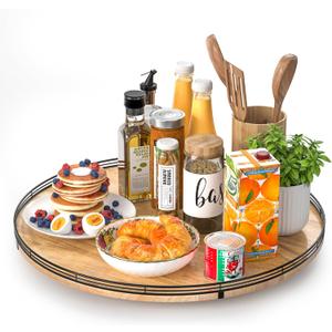 21" Lazy Susan Oak Wood Turntable Organizer for Cabinet, Farmhouse Round Wooden Large Lazy Susan Organization and Storage for Dining Table, Pantry, Kitchen, Countertop, Cupboard, Home Decor (Brown & Black)