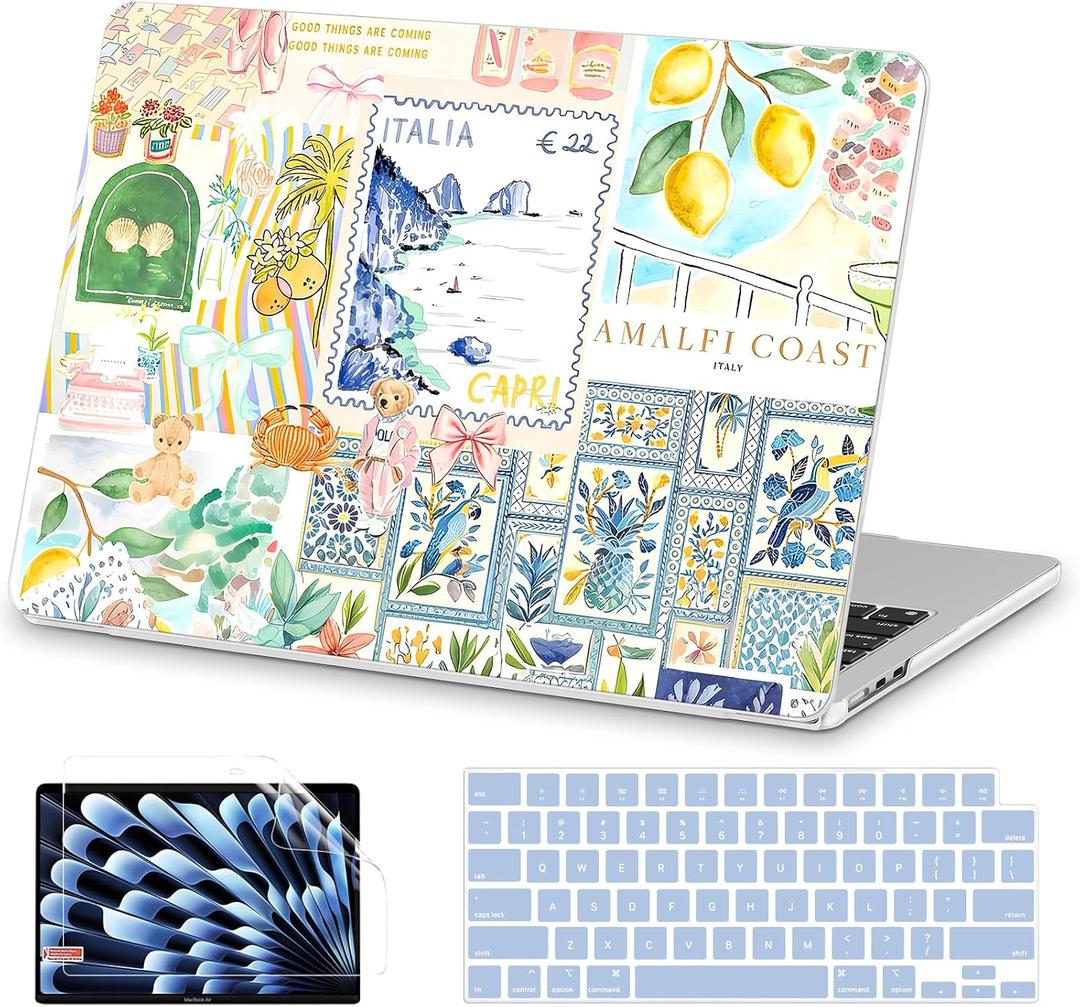 AKIT Compatible with MacBook Air 13 inch Case M5 2026-2022 M4 M3 M2 A3449 A3240 A3113 A2681, Pattern Hard Shell Laptop Case+Screen Protector+Keyboard Cover for MacBook Air 13.6 inch, Blue Stamp