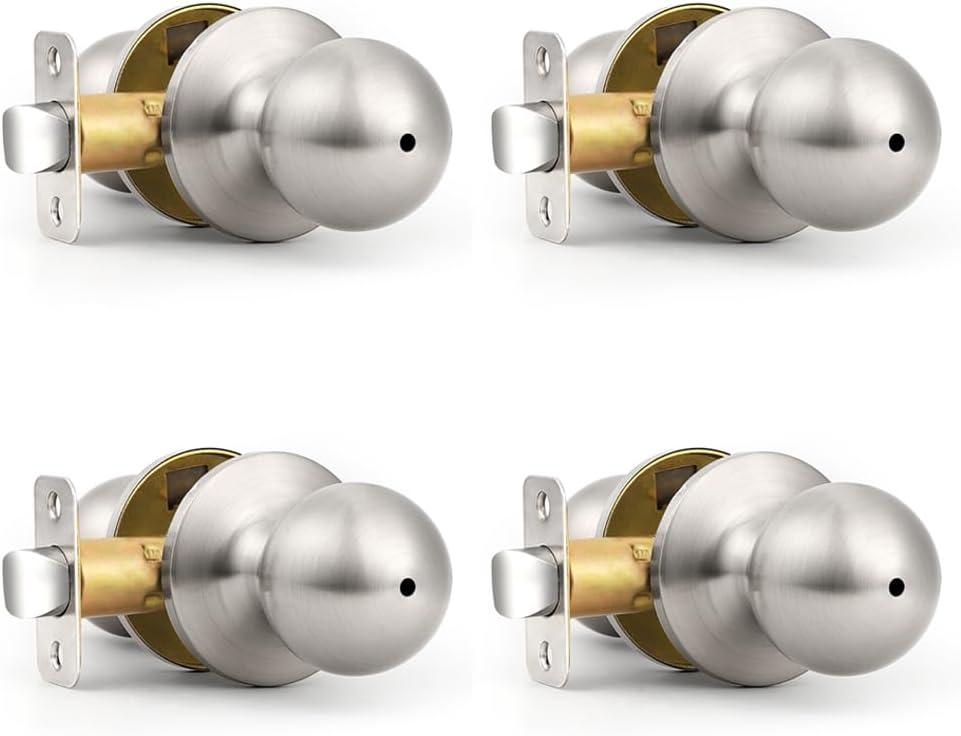 Probrico Brushed Nickel Door Knob Without Key Privacy Door Knob Bedroom/Bathroom Door Knobs Interior Keyless Door Knobs 4 Pack