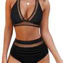 OMKAGI Women Mesh High Waisted Bikini Set Sexy V Neck Tummy Control Swimsuit Bathing Suit S