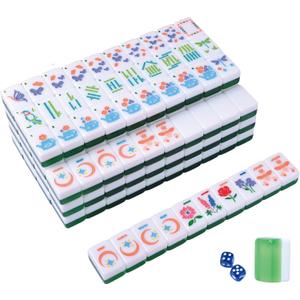 American Mahjong Tile Set, 166 Green Mahjong Tile Set American, Acrylic Engraved American Mahjong Tiles Set with Carrying Bag, 2 Dice and Mahjong Instructions (Blue and Green Color)