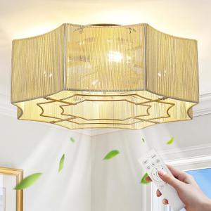 RUIYEY Boho Ceiling Fans with Lights: 20 inch Modern Flush Mount Ceiling Fan with Remote Control, 7 Blades Reversible 6 Speeds E26 4 Light Low Profile Hand Woven Caged Fandelier for Bedroom Nursery, Cotton