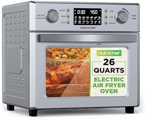 NutriChef 26L Electric Air Fryer Oven | 1700W Countertop Rotisserie & Air Fryer | 360° Rotating Feature | 10 Digital Menu Presets | Includes Drip Tray, Air Frying Basket & Bake Rack 15x16x14 (Silver)
