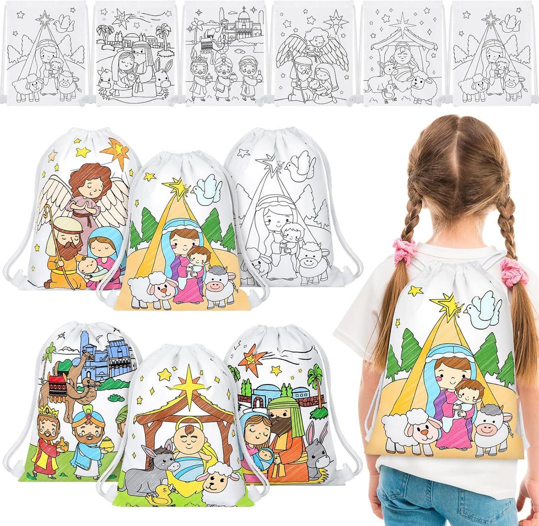 Dansydaisy 12 Pcs Christmas Nativity Coloring Crafts for Kids Color Your Own Nativity Drawstring Bags Religious Christmas Crafts Christian DIY Holy Coloring Bags for Xmas Sunday School Classroom Favor