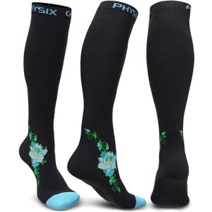 Physix Gear Compression Socks 20-30 mmHg - Men & Women - Running, Nurses, Shin Splints, Flight, Travel (Black/Blue Flower)