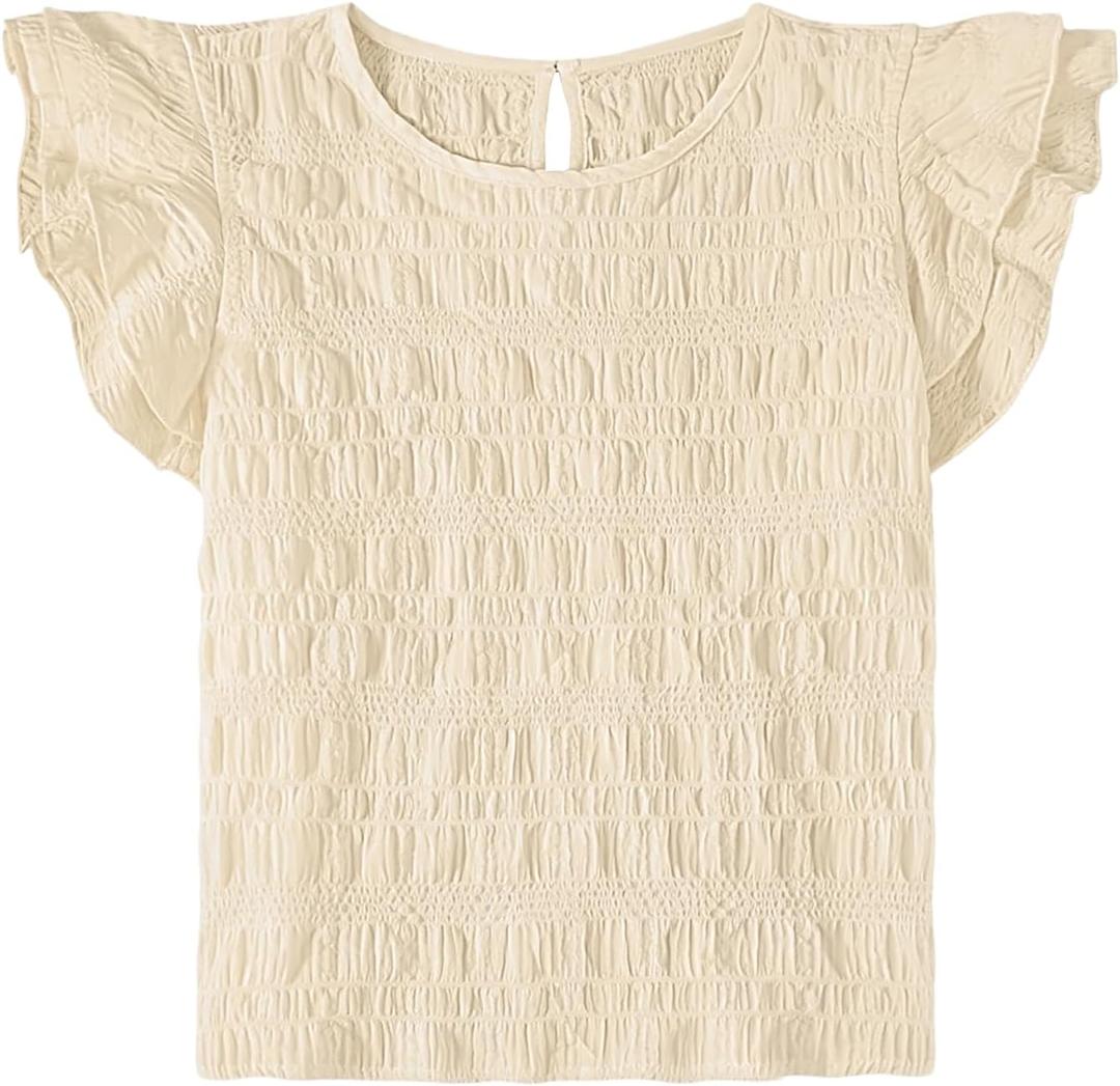 Girls Summer Ruffle Short Sleeve Casual Pleated Blouse Cute Keyhole Neckline Solid Tops Beige 13-14 Years