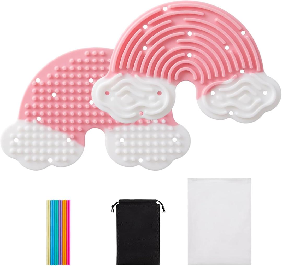 Sensory Activity Board,Double-Sided Rainbow Silicone Sensory Fidget Toy with 12 Strings & Travel Bag,No Mess Quiet Sensory Toys for Anxiety, ADHD,Calming,Autism Kids 3+ & Adults Pink