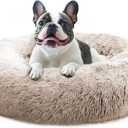 JOLLYVOGUE Calming Dog Beds Large Sized Dog, 36in Donut Washable Large Pet Bed, Anti-Slip & Anti-Anxiety Fluffy Faux Fur Round Dogs Bed, Fits up to 80 lbs Pets (Cream Brown)