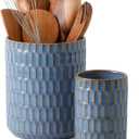Utensil Holder, 7.5"+5.3" Ceramic Kitchen Utensil Holder for Countertop, Large Cooking Utensil Crock for Kitchen Counter, Set of 2, Blue