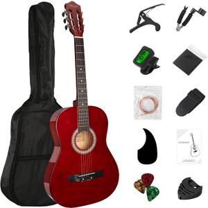 38in Beginner Acoustic Travel Guitar Basic Starter Kit Tuner Capo Strings Winders Strap Picks Pickguard with Gig Bag Starter Practice Guitar For Kids Teens Students Adults (Brown)