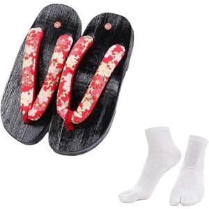 Anime Cosplay Women Japanese Wooden Clog Versatile Geta Sandals Traditional Kimono Slippers Flip Flops (Red Flower) 37